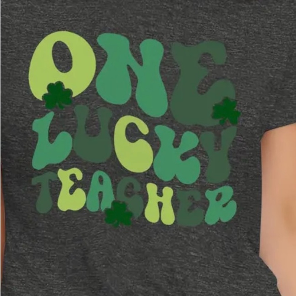 Lucky Teacher Print Crew Neck T-shirt, Short Sleeve Casual Top L dark grey